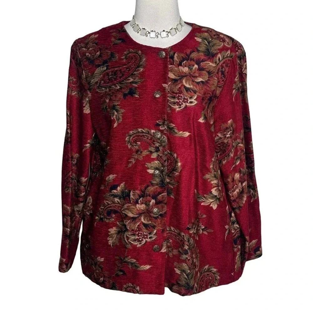 Alfred Dunner Jacket 12 Red Floral Paisley Button Front Tapestry Vintage‎